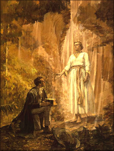 Joseph Smith receives golden plates from Moroni.