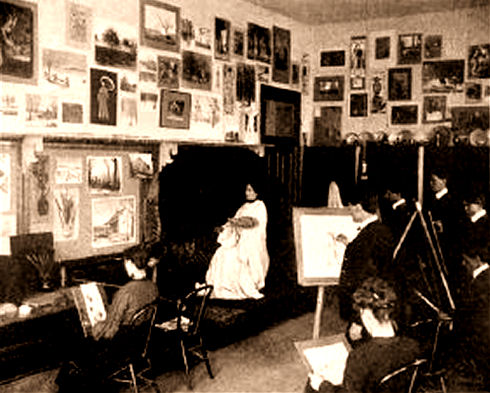 Interior of Probert Hall, art class in session.