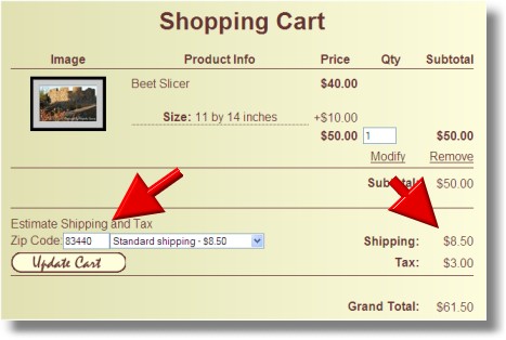Shopping cart with shipping calculation