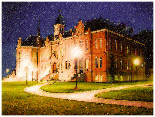 Brigham Young Academy Building on a starry night.