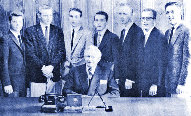 Pres. David O. McKay with men on BYH yearbook 57